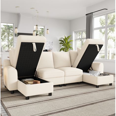 U-Sofa aus Chenille 280 x 137 x 84 cm mit Stauraum, beige OKMYHOME (1/5)