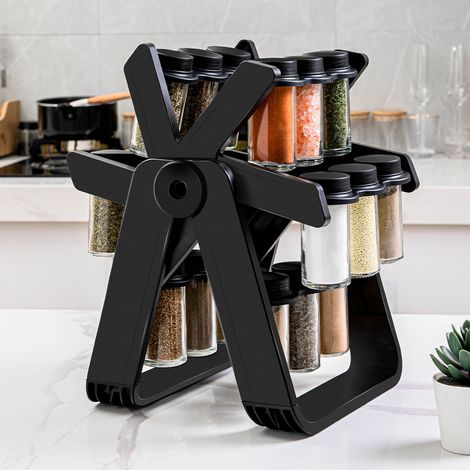 Porta spezie girevole - Barattoli e bottiglie per spezie - Supporto per barattoli di spezie - Scaffale per la conservazione domestica - 18 bottiglie di plastica