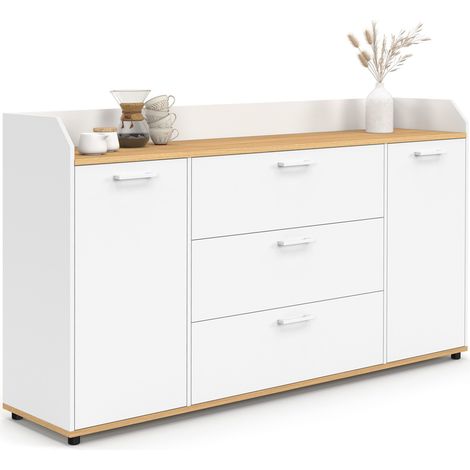 Sideboard 140 cm JABA 4 Türen mit weißem Rand und Holzplatte in Buchenoptik