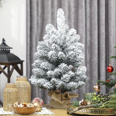 Mini árbol de Navidad artificial de 60 cm. Abeto artificial con nieve, 72 puntas, 6 piñas, base de cemento. (1/5)