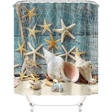 Rideau de douche imperméable avec crochet, motif étoile de mer et étoiles de mer, idéal pour la salle de bain. (1/5)