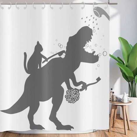 Funny Shower Curtain 180x180 cm, Simplicity Funny Cat Dinosaur White Washable Fabric Shower Curtains Waterproof Shower Curtains for Bathtub with 12 Hooks (1/5)
