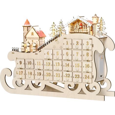 Calendrier de l'Avent en bois forme luge 24 tiroirs décorations LED 45x10x31cm (1/5)
