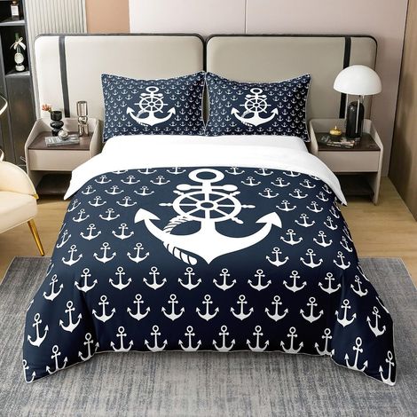 Ancre 100% Coton Sets de Housse de Couette Enfants Ancre Thèmes Parure de Lit 240x260cm pour Garçon Fille Océan Housse de Couette Aventure en mer Bleu Côte Parure Housse de Couette - 260 x 240 cm + 2  (1/5)