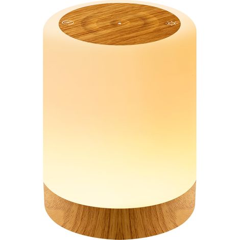 Veilleuse LED avec variateur tactile – 7 couleurs et 3 dégradés – Station de charge USB et sans fil – Design imitation bois – Lampe d'ambiance pour chambre, salon, table de chevet ou camping (1/5)