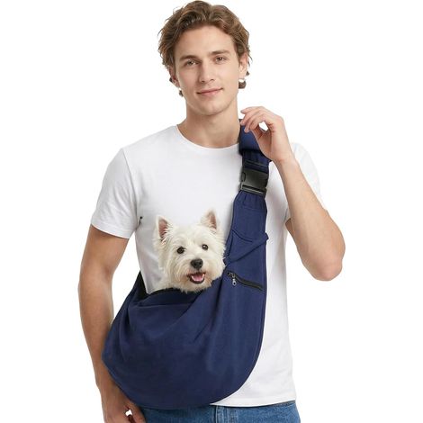 1 - Sac De Transport Chien - Sac Bandoulière Chat - Respirant Avec Crochet De Sécurité - Pour Balades Et Vétérinaire - Bleu Nuit - 40x30x25cm (1/5)