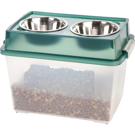 Iris Ohyama, Erhöhtes Futterstation mit Kunststoff-Box, 21L, Grün, Erhöhte Futterstation für Hunde, Katzen, mit Doppelnapf, Wasser, Futter, Clips, Stabil, Trockenfutter-Aufbewahrung, BPA-frei, FS-