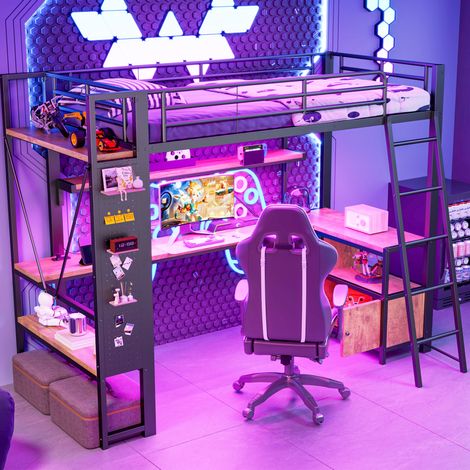 REDOM - Lit mezzanine 90x200 cm, bureau intégré, rangements, étagères, panneaux perforés, métal noir (Sans matelas) (1/5)