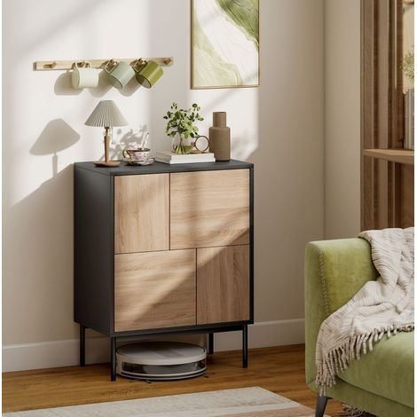 MEUBLIV Buffet bas noir et décor bois, 4 portes push-to-open, pieds en métal, 60x35x78 cm (1/5)
