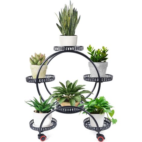 Étagère à plantes, en métal, 6 pots de fleurs, tabouret, avec 4 roues universelles, 72,5 x 31 x 76 cm, pour terrasse, salon et chambre à coucher, noire (1/5)