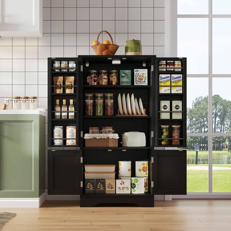 Meuble de cuisine noir 60 x 40 x 120 cm avec éclairage LED à détection, 4 portes, étagères réglables et rangements de porte (1/5)