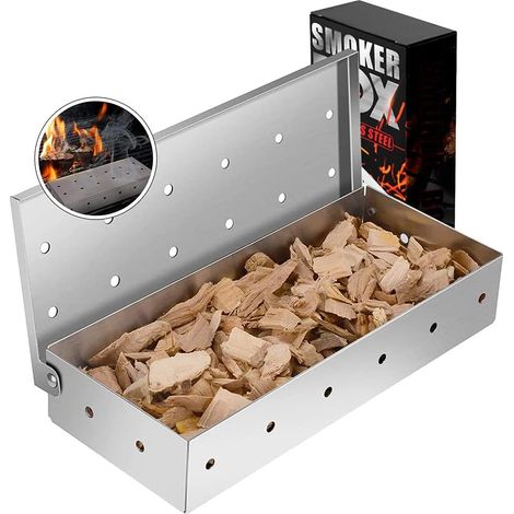 1 Boîte à fumer, Acier inoxydable, Couvercle à charnière, Pour barbecue gaz et charbon, Viandes et poissons (1/5)