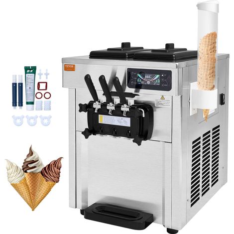 Machine à Crème Glacée Commerciale 18-28 L/h 3 Saveurs, Machine à Glace Molle Trémie 2x5,5 L, Panneau LCD, Pré-refroidissement Nettoyage Automatique, pour Yaourt Café Snack-Bar Restaurant (1/5)