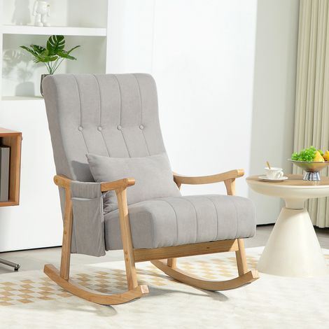 Fauteuil à bascule avec coussin rénal, jusqu’à 120 kg, cadre en hêtre, large siège, gris
