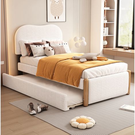 Cama 90x200 acolchada con carro extraíble blanca moderna OKMYHOME (1/5)