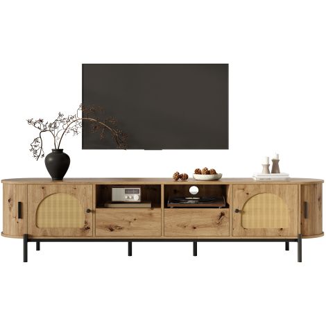 Meuble TV ovale 200cm rotin, portes coulissantes, pieds métalliques