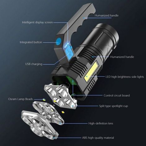 Hochleistungsfähige Outdoor-Taschenlampe mit 4 LEDs, USB-Anschluss, leistungsstarke tragbare Lampe (1/5)