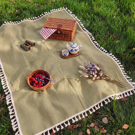 Tapis de pique-nique en lin fin TPU modèle à bordure dentelle gris taupe 140-90cm imperméable camping 30 × 30 × 8 cm 160 g – Livraison gratuite