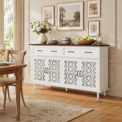 Aparador vintage blanco de 4 puertas y 2 cajones con baldas regulables y patas de madera (1/5)