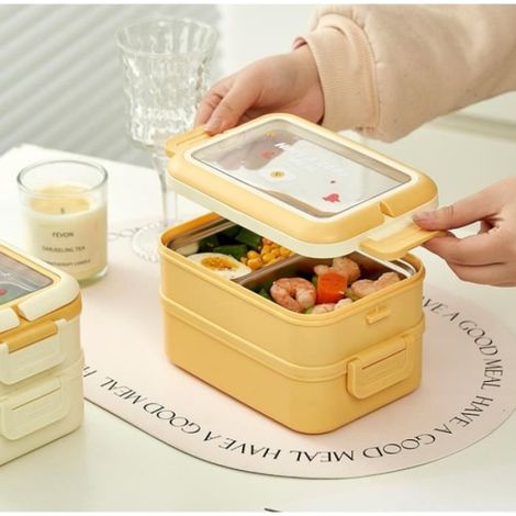 Boîte à déjeuner - Enfant - Lunch Box Étanche - 3 Compartiments - PP + Acier inoxydable - Jaune (1/4)
