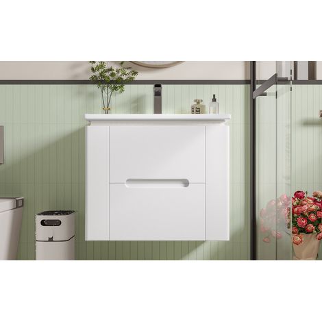 URBAN MEUBLE Mobiletto sospeso per lavabo in ceramica in MDF bianco, sensore LED, 2 cassetti 61x46x48,5 cm (rubinetto non incluso) (1/5)