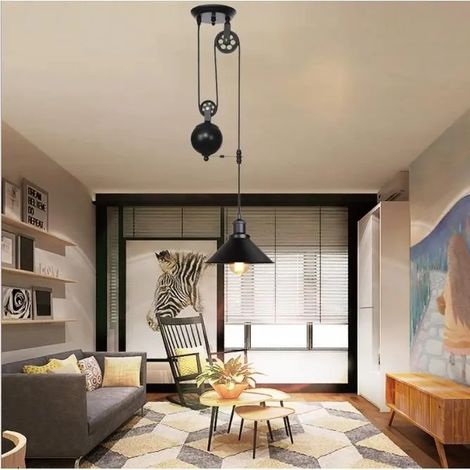 Fusion Lustre Réglable Suspension Luminaire Cage en Fer Lampe Poulie Noir design Vintage pour Cuisine Salon (1/4)