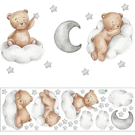 SHINING HOUSE Tier-Wandaufkleber, Bären-Wandaufkleber, Wolken, Mond und Sterne, abnehmbare Kunst-Bär-Aufkleber, Dekoration für Baby, Kinderzimmer, Schlafzimmer, Wohnzimmer, Wände, Türen, Badezimmer, F (1/4)