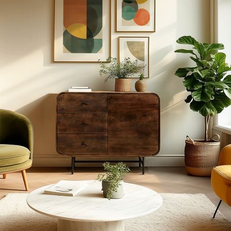 ALIX - Buffet design bois foncé et métal noir 1 porte 3 tiroirs ALIX (1/5)