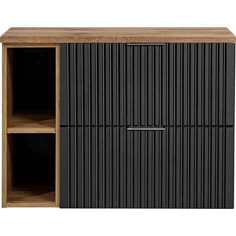 Waschtischunterschrank 80cm ADELAIDE-56-BLACK, matt schwarz mit Eiche Nb., gerillte Front, B/H/T ca. 80,6/59,2/46,5 cm (1/5)
