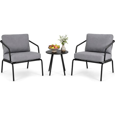 COSTWAY Salon de Jardin 3 Pcs avec Coussins, Ensemble de Bistrot de Patio pour 2 Personnes avec 2 Fauteuils Table Ronde Cadre en Métal Pieds Réglables, Moderne pour Balcon Terrasse Plage (1/5)
