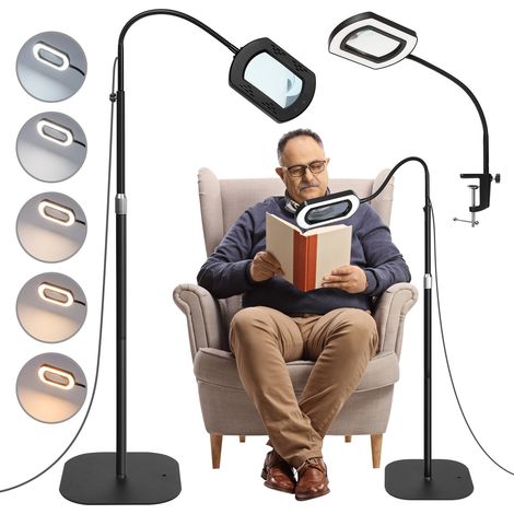 Lampadaire Salon, Avec douille, Support et Pince, 3 en 1 Lampe de Bureau Loupe, Grossissement 10X, pour personnes âgées, lecture, couture, esthétique (1/5)