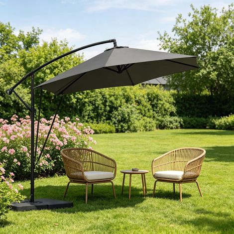 Parasol à mât latéral 310x310 cm avec housse de protection, inclinable et pliable, en métal et polyester, gris foncé (1/5)