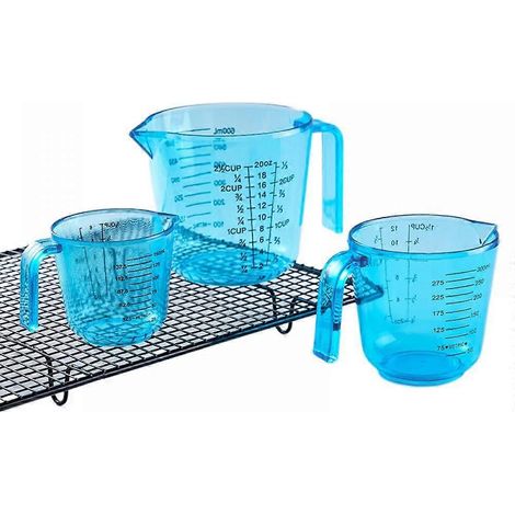 Ensemble de 3 tasses à mesurer de cuisine, tasses doseuses en plastique transparent bleu pour farine, sucre et lait, 150/300/600 ml