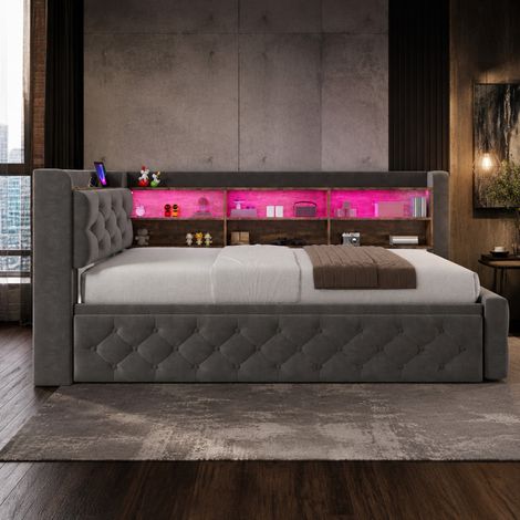 Sofá cama convertible 90x190 cm de terciopelo gris oscuro, LED, USB-C, almacenaje OKMYHOME (1/5)