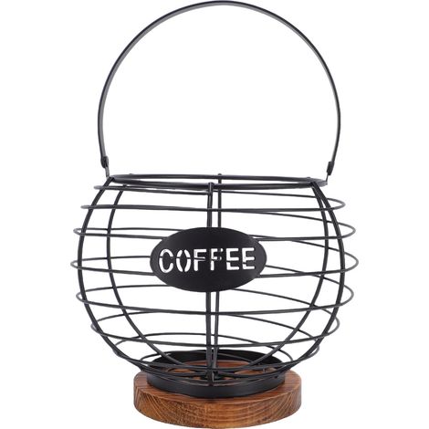 Support Capsules Café Panier Rangement Métal Grille Base Bois Noir Organiseur Comptoir Cuisine Bureau Stable Design Moderne (1/5)