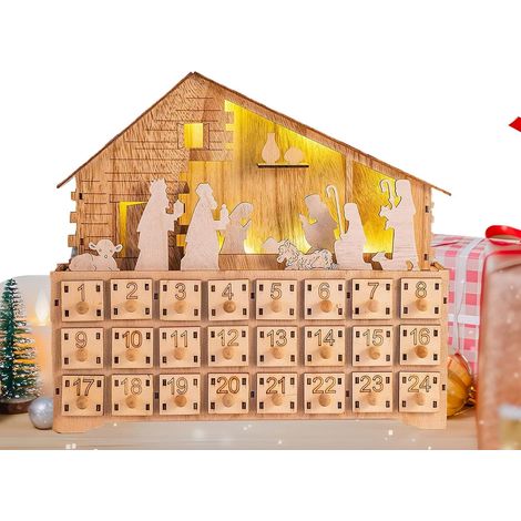 Crèche de l'Avent à tiroirs Décoration chrétienne de Noël en bois 24 jours  Calendrier ornemental à tiroirs éclairé par LED pour et adultes bureau maison fête crèche Avent Noël (1/5)