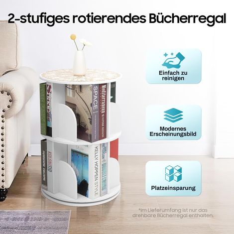 Bibliothèque rotative à 2 niveaux, ronde, blanche, pivotante à 360°, étagère rotative, étagère multifonctionnelle pour enfants, pour salon, chambre à coucher (1/5)