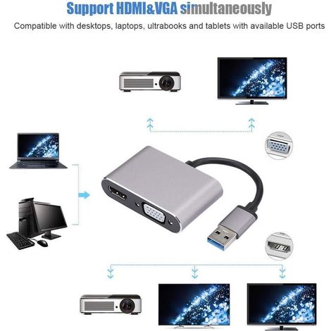 Adaptateur USB vers HDMI VGA, Convertisseur USB 3.0 vers 1080P HD HDMI VGA, Adaptateur HDMI pour Ordinateur pour Windows 7/8/8.1/10 (1/4)
