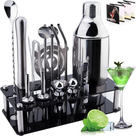 Ensemble shaker à cocktails, kit de 20 pièces, shaker professionnel en acier inoxydable de 750 ml, kit de barman pour la maison, le bar et les fêtes. (1/5)