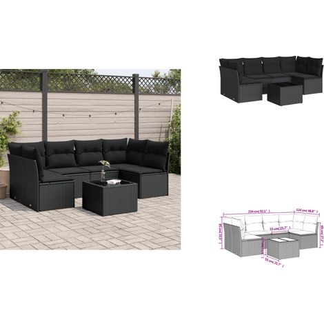 7-tlg. Garten-Sofagarnitur mit Kissen Schwarz Poly Rattan - Gartenmöbel Set - PE-Rattan Möbel - Outdoor Sofa - Esstisch - Lounge Set (1/3)