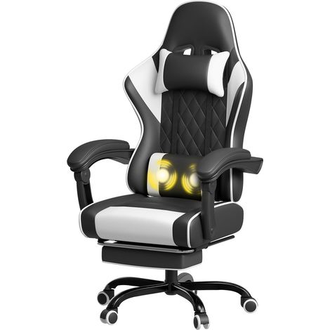Chaise Gaming Ergonomique, Chaise de Bureau avec Fonction Massage, Fauteuil Gaming avec Repose-Pieds, 150 kg, Blanc (1/5)