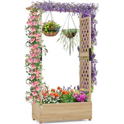 COSTWAY Jardinière avec 2 Treillis Latéraux Toit Suspendu en Bois de Sapin avec Trou de Drainage, Lit de Jardin Surélevé pour Plante Grimpante Résistance aux Intempéries, 110 x 44 x 182 cm, Naturel (1/5)