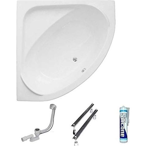 ECOLAM Baignoire d'angle symétrique Standard Polimat 140x140 cm  Blanc  pieds siphon et silicone (1/5)