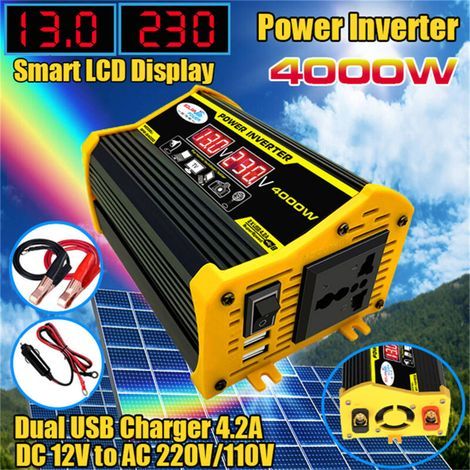Convertisseur de puissance portable pour voiture, transformateur 12V CC vers 110/220V CA, 4000W, onde sinusoïdale calibrée, deux ports USB, affichage LED. (1/5)