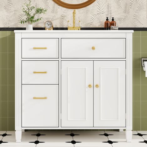 Meuble sous vasque sur pieds avec vasque céramique, 91 x 46,5 x 87 cm, MDF blanc - REDOM (1/5)