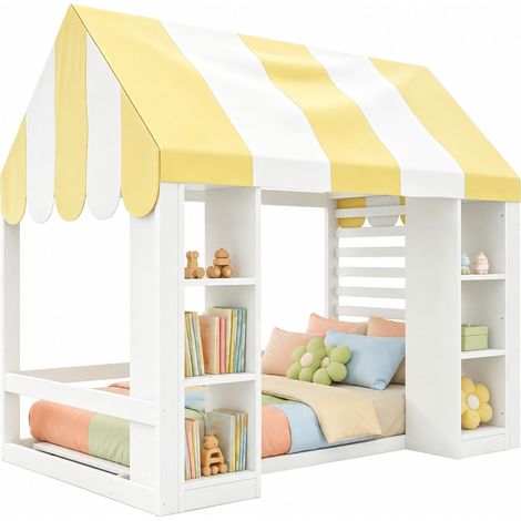 Lit enfant cabane style cottage 90 x 200 cm avec baldaquin, rangements ouverts, structure métal/MDF, blanc, idéal pour chambre d'enfant CHICFURN (1/5)