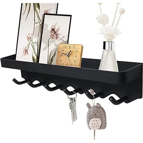 Metal Wall Key Holder, 1 Pieces Wall Adhesive Hook with 6 Hooks, Original Wall Key Holder with Storage Shelf for Living Room, Bathroom, Kitchen, Black (1/5)
