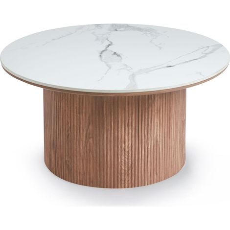 Table basse moderne ronde 80cm Eglantine Bois et Céramique Effet marbre Blanc (1/5)