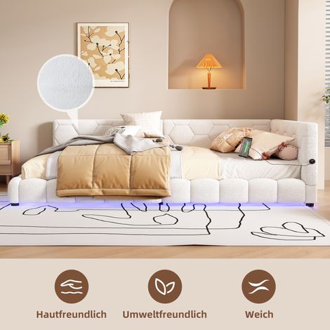 Canapé-lit convertible 140x200 cm avec sommier intégré (matelas non fourni), éclairage LED 16 teintes, ports USB-C et USB, revêtement similicuir blanc doux (1/4)