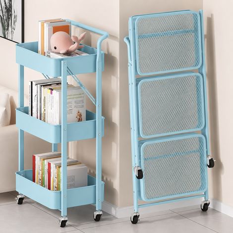 Desserte à roulettes pliante bleue Chariot de cuisine roulant et pliable 3 niveaux de rangement H 90 cm x L 40 cm x P 30 cm - Livraison gratuite (1/4)